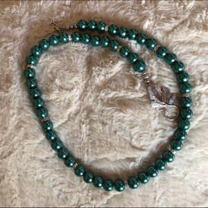 New Dark Green Faux Pearl Rhinestone Necklace